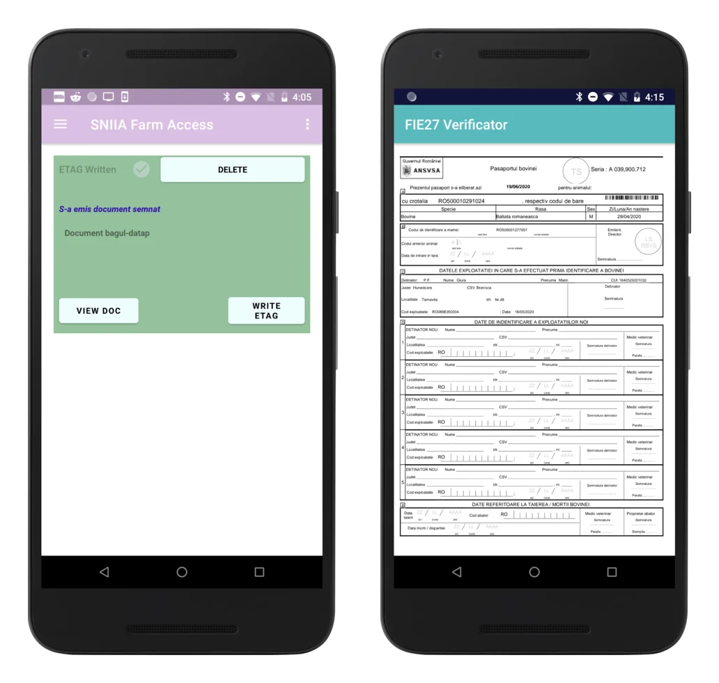 Two phone screens: the SNIIA Farm Access app writing a tag and the FIE27 Verificator app showing an animal passport